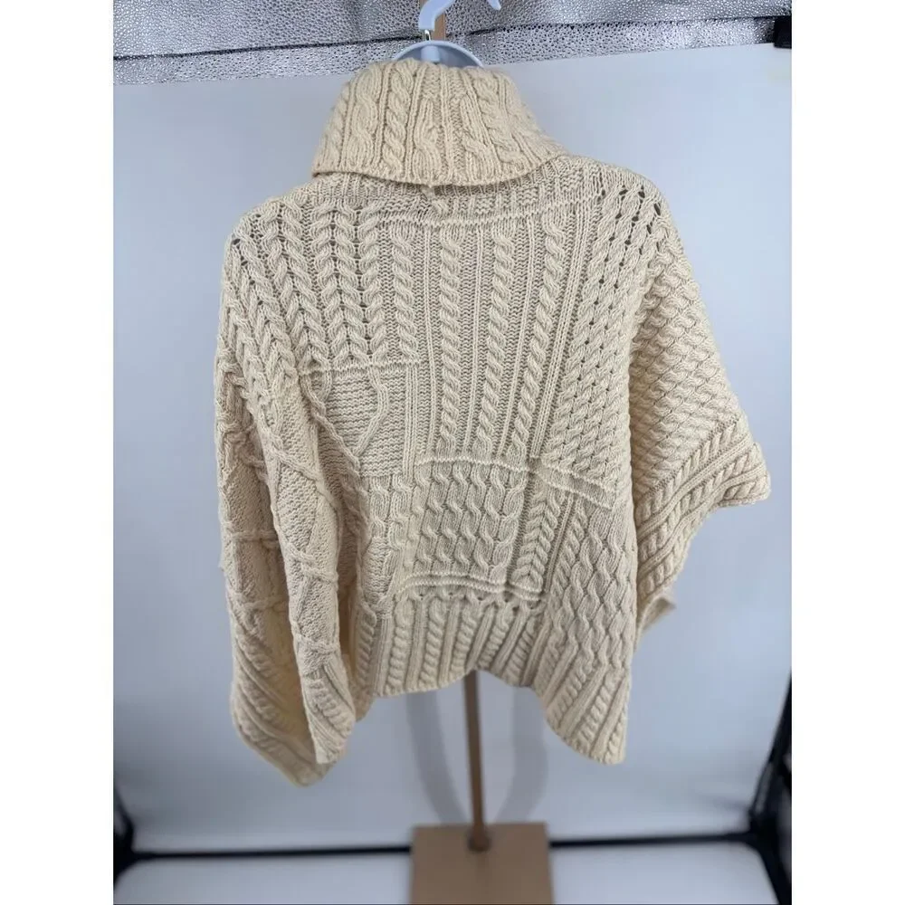 Carraig Donn Merino Wool Cable Knit Poncho Cape Turtleneck OS Made in Ireland